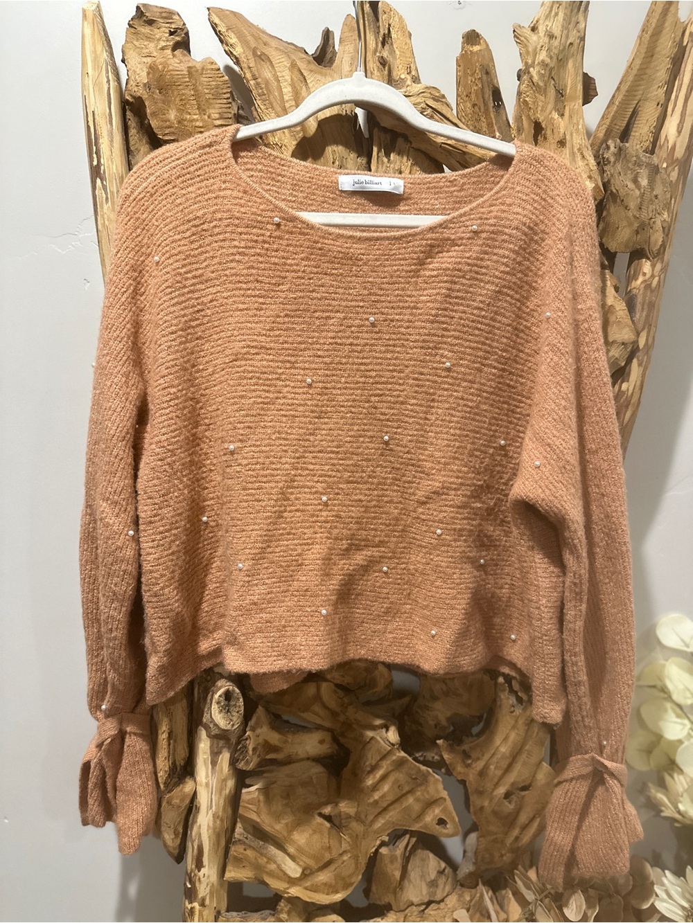 Pearl-Appliqué Peach Crewneck Sweater by